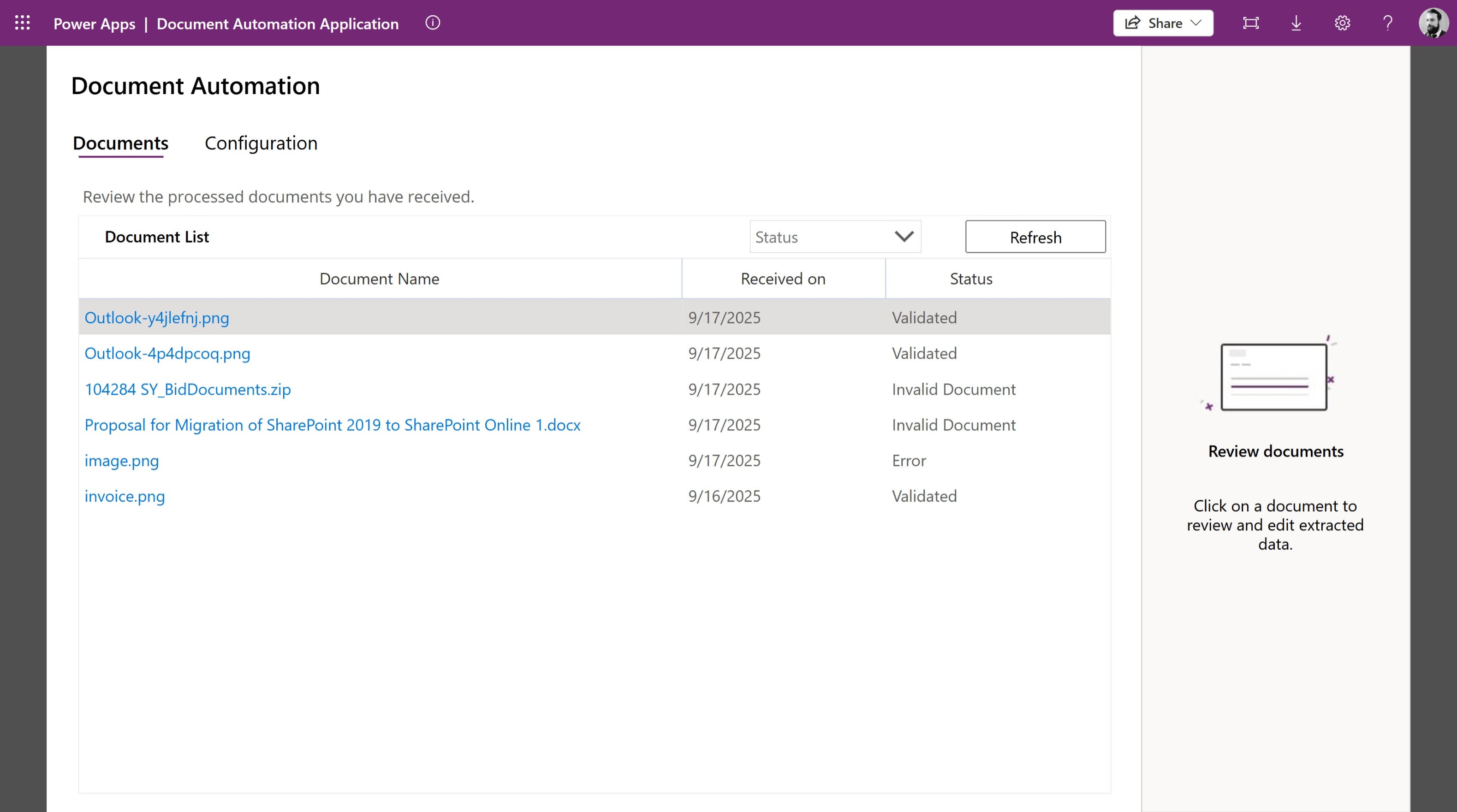 Screenshot showing the Microsoft-provided Document Automation Application.