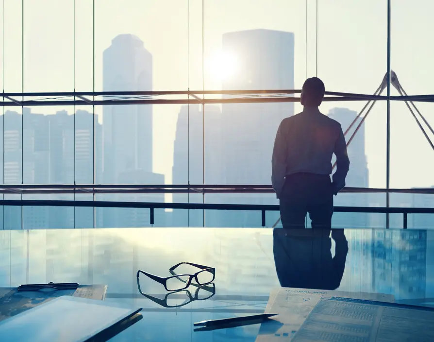 An image of somebody thoughtfully looking at the city skyline